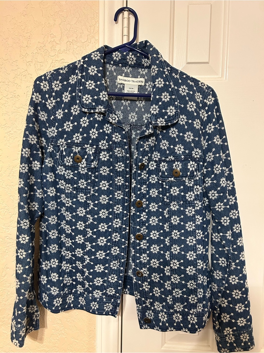 Bamboo Traders Navy Blue Floral Denim Jacket
